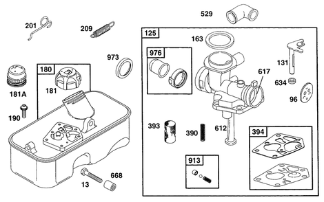 Fueltank, Carburetor Assembly Diagram and Parts List for 96982-7051-01  Briggs and Stratton Engine